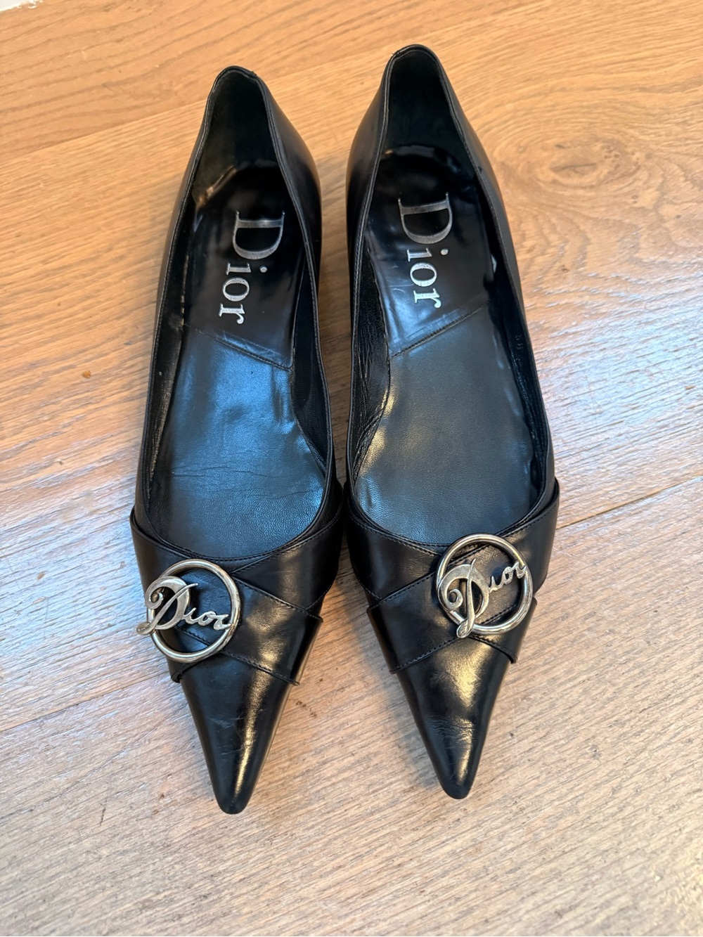 Dior Galliano Black Pointed Leather Flats with Silver Logo Ring Y2K
